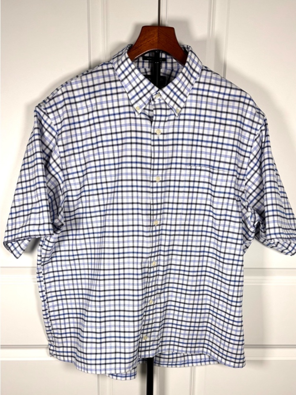 Lands’ End Supima No Iron Oxford 17.5 33 Blue Windowpane Shirt Mens Short Sleeve